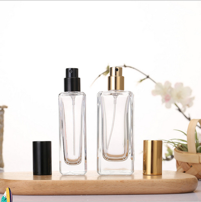 Thick Bottom Clear Glass Personal Care Square Perfume Atomizer Sprayer Pump Bottle With Black Cap Gold Cap
